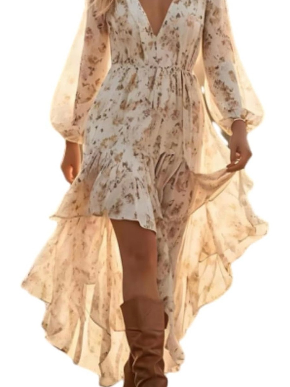 Floral High-Low V-Neck Dress in Cream